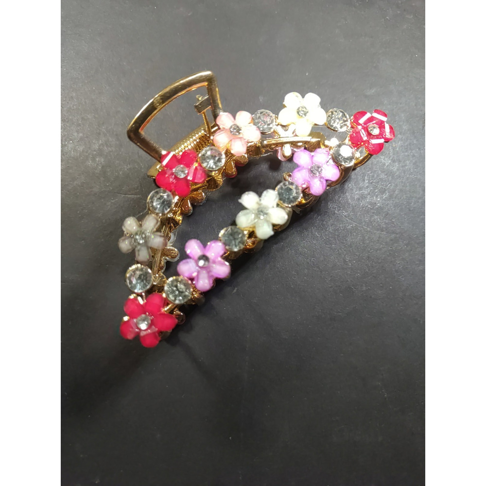 Hair Clip Pont Tail Holder Red Pink White Flowers Rhinestone Repaired